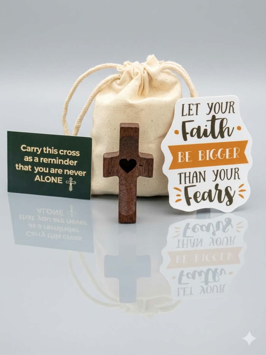 Complete faith blessing bag set with wooden cross, sentiment card, faith sticker, and linen drawstring bag