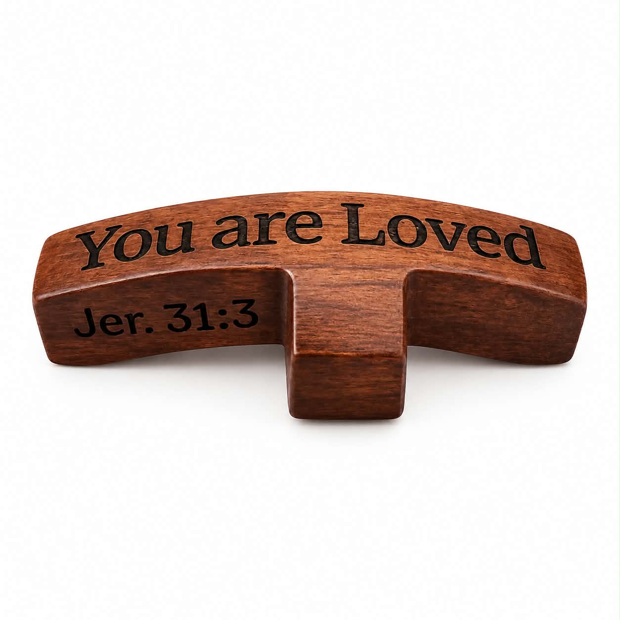 Wooden thumb cross engraved with You are Loved and Jer. 31:3
